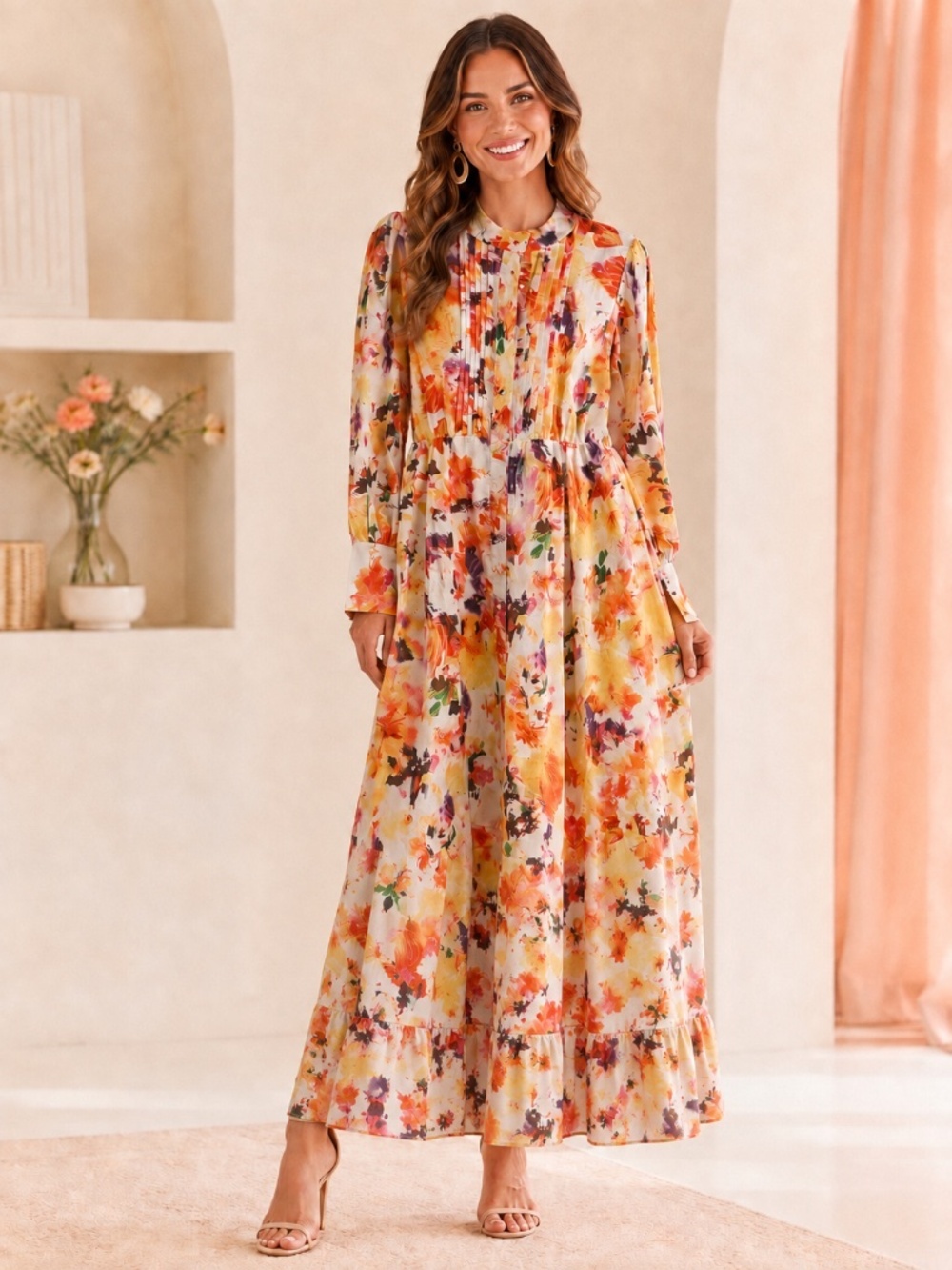 Halfheart NWT Watercolor Floral Long Sleeve Tiered Maxi Dress